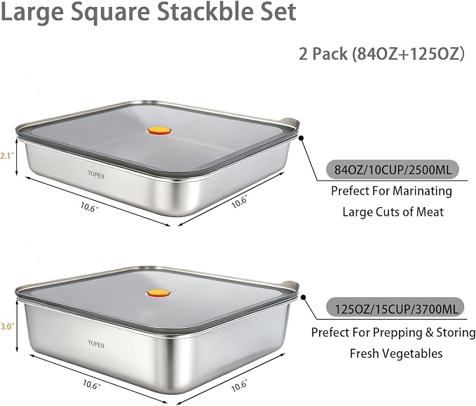 YUPER Stainless Steel Food Containers, Meal Prep Containers, Bacon Cheese Container for Refrigerator, Stainless Steel Containers with Lids Fruit Lunch Storage, 2 Pack (84+125OZ)
