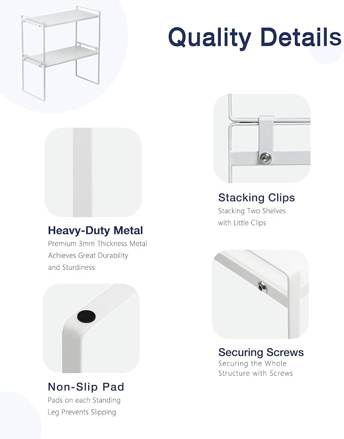 Nxconsu Stackable Cabinet Shelf Organizer 2 Pack, Standard Tall White | Heavy-Duty 3mm Steel Stackable 2-Tier Shelf, Holds 50 lb, for Kitchen Cabinet Pantry Cupboard Counter Bathroom Under Sink