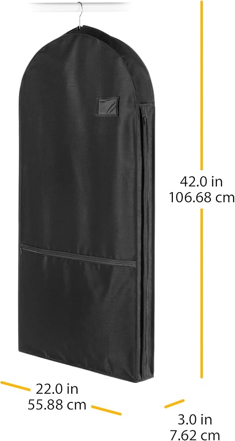 Whitmor Deluxe Garment Bag with Zipper Pocket, Heavy Duty 3" Gusset Clothes Cover for Suits, Dresses & Uniforms, Water-Repellent Polyester with ID Pocket & Accessory Pocket, 42'' Black