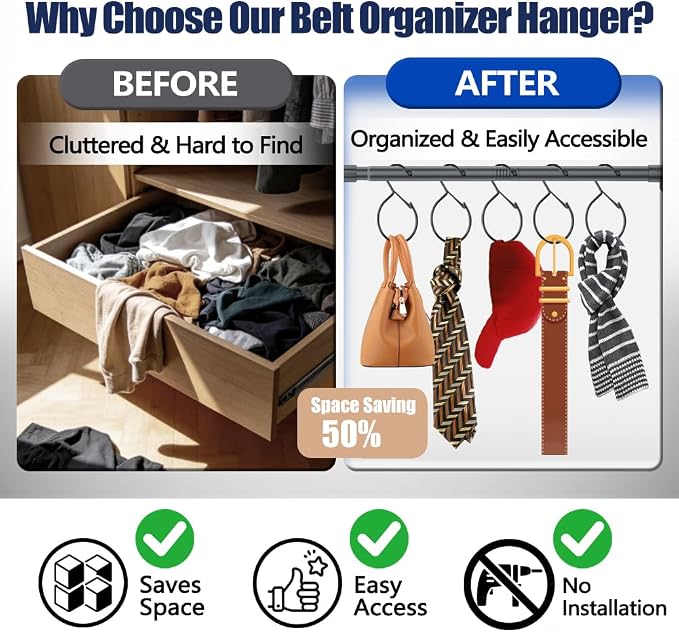 5 Pack Belt Hanger for Closet, Rust-Proof Belt Organizer for Closet, Multipurpose Closet Hooks for Jeans, Scarves, Hats, Purses, Jewelries, Cords, Carabiners