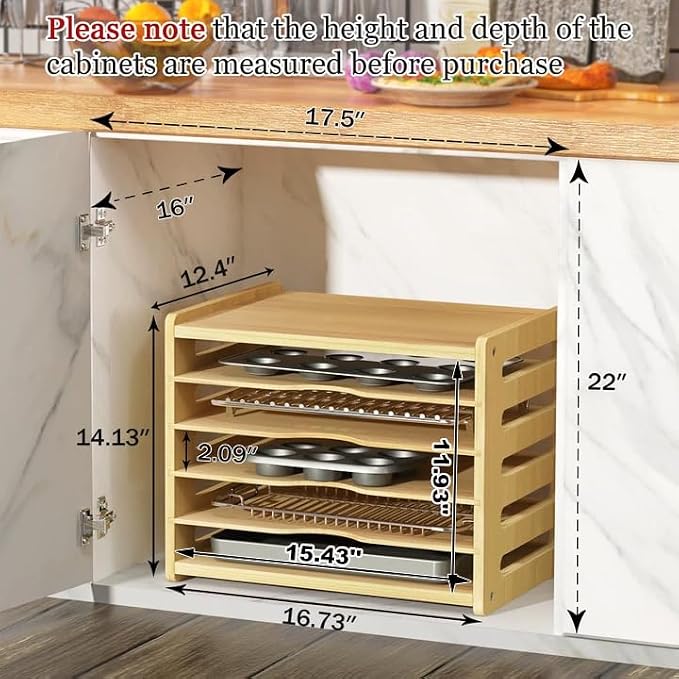 6 Tier Wooden Tray Dividers for Cabinets, Cookie Sheet Organizer for Cabinet, Vertical Tray Dividers for Storing pans, Baking trays, Cutting Board