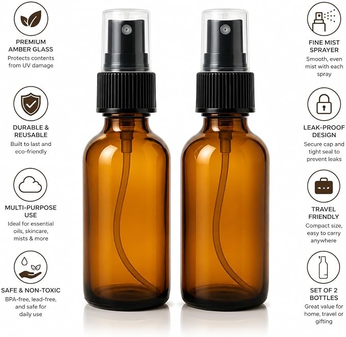 2 Oz (Pack of 2) Amber Glass Spray Bottles BPA Free | Tincture Bottle With Measured Spray, Leakproof Essential Oils Bottles For Health, Personal Care & Beauty