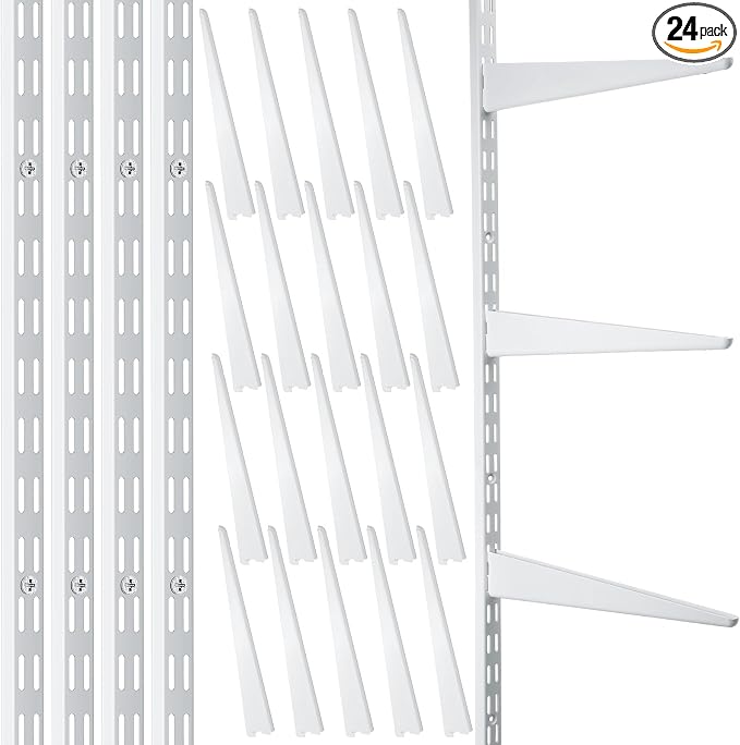 Colingmill 24 Pcs Dual Track Upright Wall Shelving System with Shelf Bracket 47. 5 Inch Heavy Duty Adjustable Storage Rack Metal Support System for Kitchen Closet Home Indoor (White)