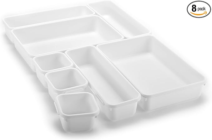 Masirs Interlocking Drawer Organizer Bins - Durable Plastic, Various Sizes for Custom Layout Design. Great for Desk Drawer, Tool Box or Garage Organization. (White | 8-Piece Set)
