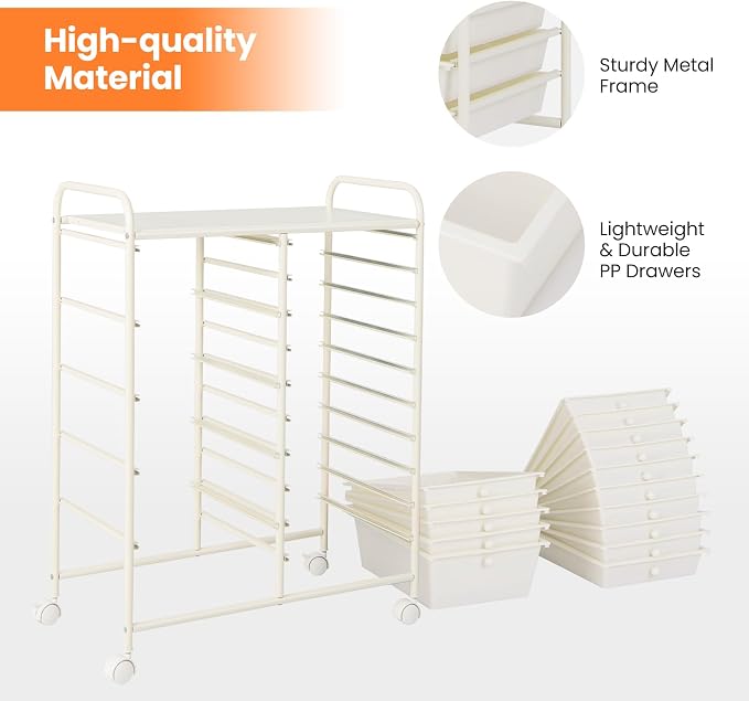 Moccha 15-Drawer Rolling Storage Cart - Under Desk Storage Drawers with wheels for Craft Art Supply Paper Salon, Scrapbook Paper Tools, Mobile Utility Cart for Classroom (15 Drawers, White)