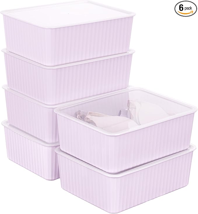 Cetomo Plastic Underwear Drawer Organizer with Lid, Lidded Storage Box for Bras, Plastic Basket for Closet and Shelf, Stackable, Pink (31 x 24 x 11 cm)