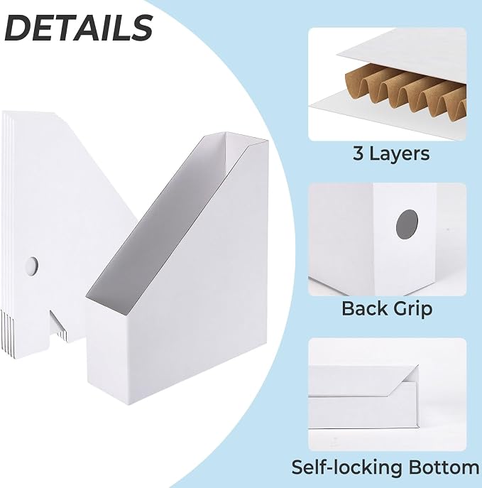 Rempry Magazine File Holders White, Foldable Cardboard Document Organizer Boxes with Labels, Space-Saving Storage for Office, Home, School, 10x3.3x12 Inchs, 6 Pack