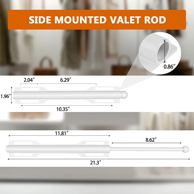 Valet Rod for Closet Pull Out, Rod for Bedroom Laundry Room Bathroom, White