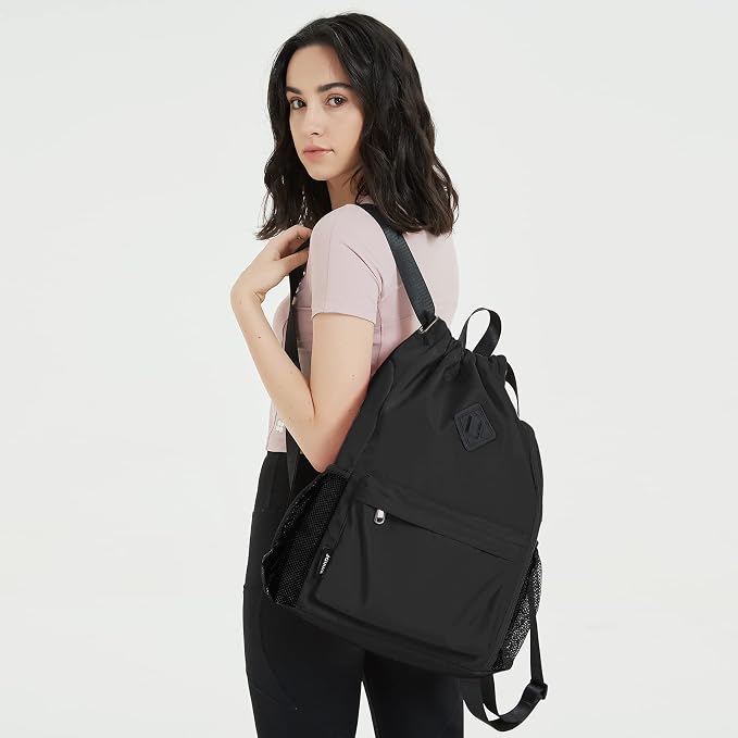 WANDF Drawstring Backpack with Shoe Compartment, Sports Gym Bag | Multi-Pocket Storage, Water-Resistant Fabric, Cinch String Bag