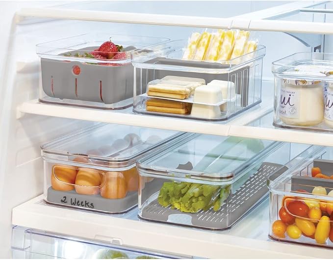 iDesign Crisp Produce Plastic Refrigerator and Modular Stacking Pantry Bin with Lid and Removable Inner Basket, Perfect for Washing Vegetables, Fruit, Lettuce, BPA Free 15.72" x 6.32" x 3.76" | Drain Tray, For Fruits & Veggies, Clear