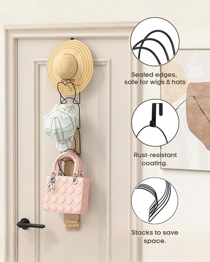 LINFIDITE 10 Pack Hat Rack for wall hat organizer for baseball caps Over Door cap hat hook storage holder hanger display Closet wig stand storage w Hanging Hook Black