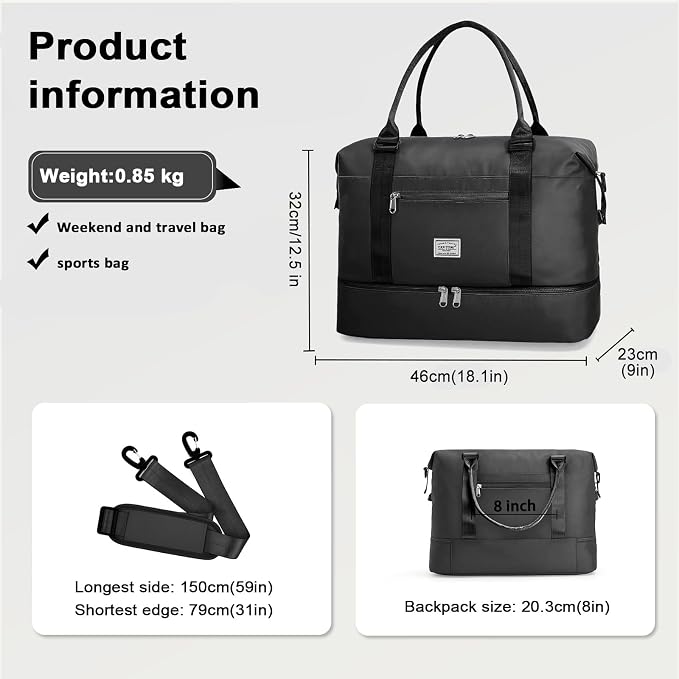 TANTOMI Travel Duffle Bag for Women Personal Item Travel Bag with Shoes Compartment, Weekender Overnight Bag Carry On Duffle Bag Tote Gym Bag for Travel, Sports, Hospital, Dance, Black