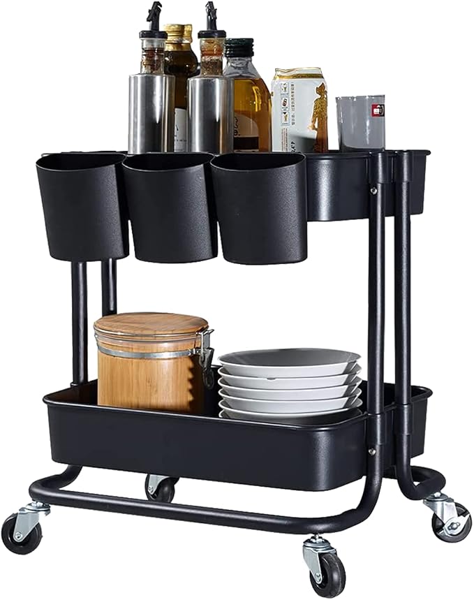 Melody House 2-Tier Utility Rolling Cart Storage Sofa Side Table with Wheels, Mobile Trolley Organizer with for Office Home Kitchen Organization, Black