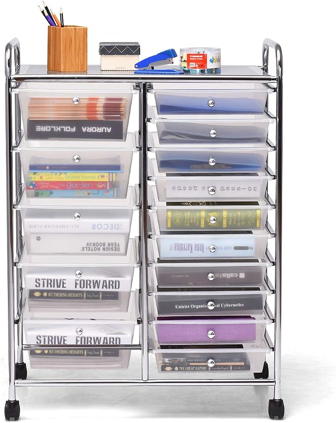 Moccha 15-Drawer Rolling Storage Cart - Under Desk Storage Drawers with wheels for Craft Art Supply Paper Salon, Scrapbook Paper Tools, Mobile Utility Cart for Classroom (15 Drawers, Clear)