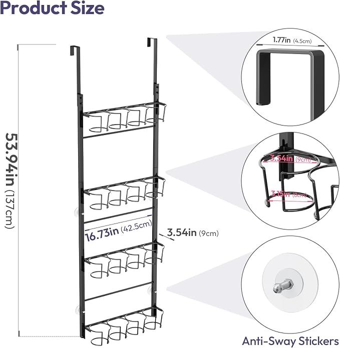 SWTYMIKI 4-Tier Water Bottle Organizer – Over the Door Stanley Cup Holder, Cup Organizer for Door or Wall Mount Option, Stanley Accessories for Pantry, Dorm, Office, RV Use, Black