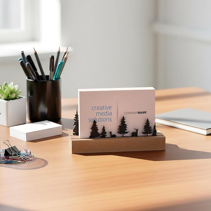 CroBlissful 2 Pcs Deer Forest Business Card Holders for Desk, Wood&Metal Black Mountain Range Forest Reindeer Silhouette Business Card Display Stand for Home Office