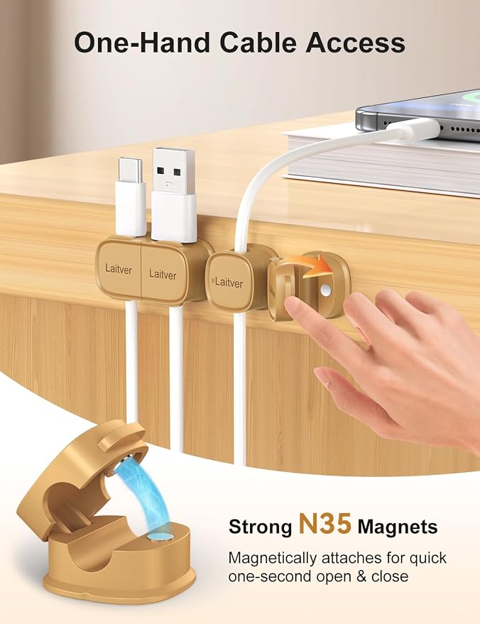 6 Pack Magnetic Cable Clips [1s Open/Lock], Cord Organizer Holder | Strong Adhesive Desk Cable Management- Organize Charging Cords Neatly for Home, Office, Car,Desk, Nightstand-Milk Coffee