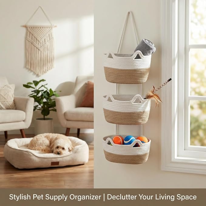 Hanging Basket, Woven 3 Tier Over Door Basket with 4 Hooks | Hanging Storage Basket for Door, Wall, Nursery, Bathroom, Bedroom, Decorative Over Door Basket with Cute Cat-Like Style