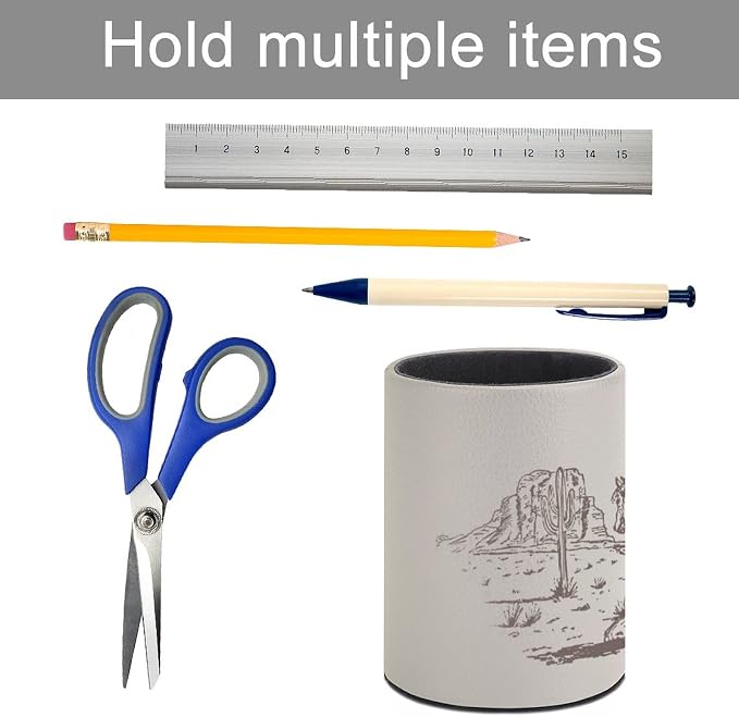 Western Desert Cowboy Pen Holder Pencil Cup for Desk Organizer | Cute Makeup Brush Holder PU Multifunctional Office Suppliesfor Decor Home Classroom School