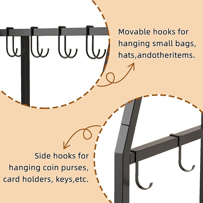 Hall Tree with Hanging Hooks,Heavy-Duty Metal Coat Rack with Shoe Shelves,3-Tier Purse Stand Handbag Organizer，Suitable for Hallway,Bedroom and Bathroom (Brown)