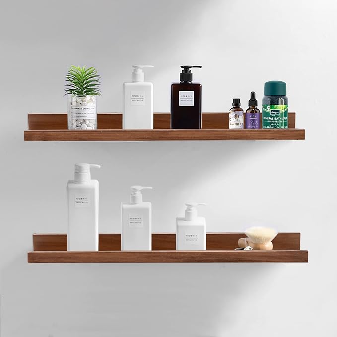 AZSKY Floating Nursery Book Shelves Light Fair Pale Walnut Rustic Picture Photo Ledge Shelves Wall Mounted Wooden Display Shelf for Bathroom Bedroom Kitchen 24 Inch Wall Shelves a Set of 2