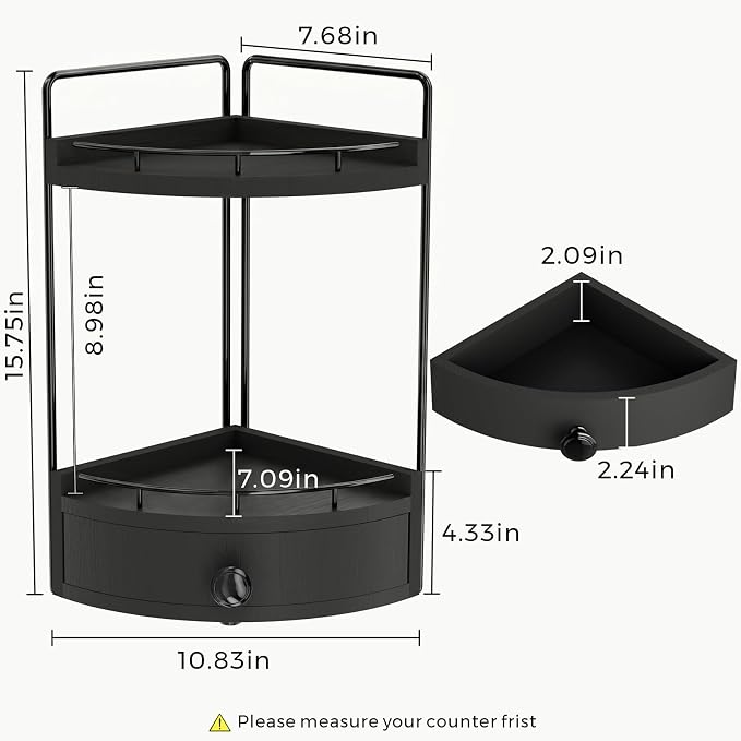 2-Tier Corner Bathroom Counter Organizer with Drawer, Black | Embedded Screw Holes, Wooden Countertop Organizers, Space-Saving, Bottom Ventilation Design, Counter Shelf for Vanity