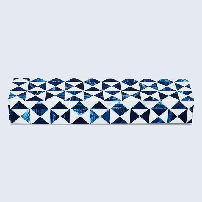 Handicrafts Home Blue and White Decorative Storage Box with Lid – Slim Remote Control Holder Box, Handmade Resin Inlay Wooden Box, Coffee Table Organizer, Small Keepsake Storage Box - 10x2.5x1.5 Inch