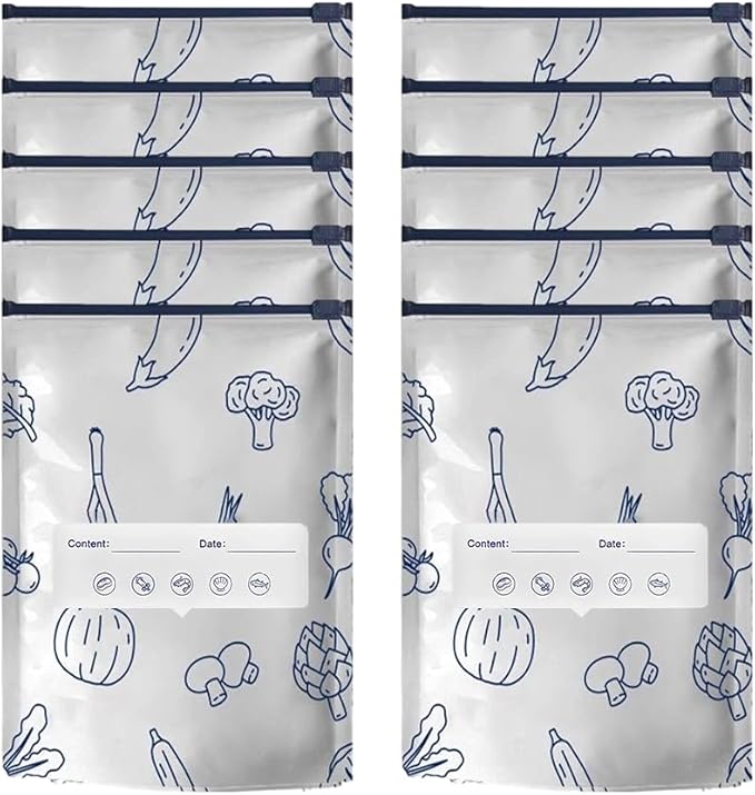 Reusable Aluminum Foil Sealable Storage Bags, Vacuum Zipper Pouches with Label and Stand Up Bottom Design, Leakproof Durable Food Storage Bags for Vegetables Fruits Meat (10, Large)