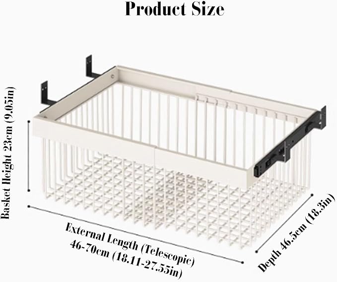 Closet Pull-Out Basket,Carbon Steel Stackable Storage Bins,Stackable Shelf Baskets Organizer,Adjusted Width for Bedroom Office Bathroom(18.11-27.55in)
