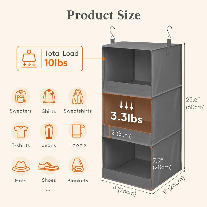 Lifewit 3 Tier Hanging Closet Organizer and Storage, Foldable Hanging Closet Shelves with 2 Sturdy Hooks, Clothes Organization for Sweater/Shoes/Coat, for Wardrobe, Bedroom, RV, Gray, 3 Pack