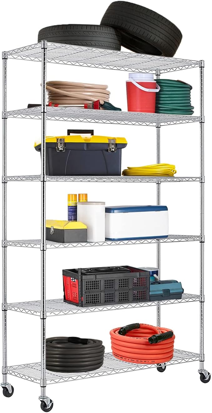 BestOffice Commercial Wire Shelving Unit Metal Shelf Casters Adjustable Layer Rack Strong Steel for Restaurant Garage Pantry Kitchen Garage (45×18×82, Chrome)