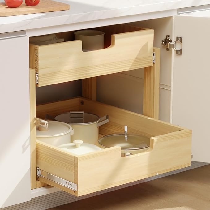Pull Out Cabinet Organizer, 23''W×21''D Sliding Drawers for Cabinets, 2 Tier Soft Close Slide Out Wooden Pull out Drawers, Base Cabinet Organization for Kitchen, Pantry, Bathroom