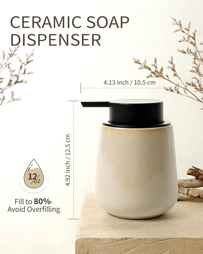 Bosilunlife 12Oz Ceramic Foam Soap Dispenser for Bathroom Kitchen Counter | Premium countertop foam pump creates delicate dense foam, stable desktop placement, Greige with Speckle