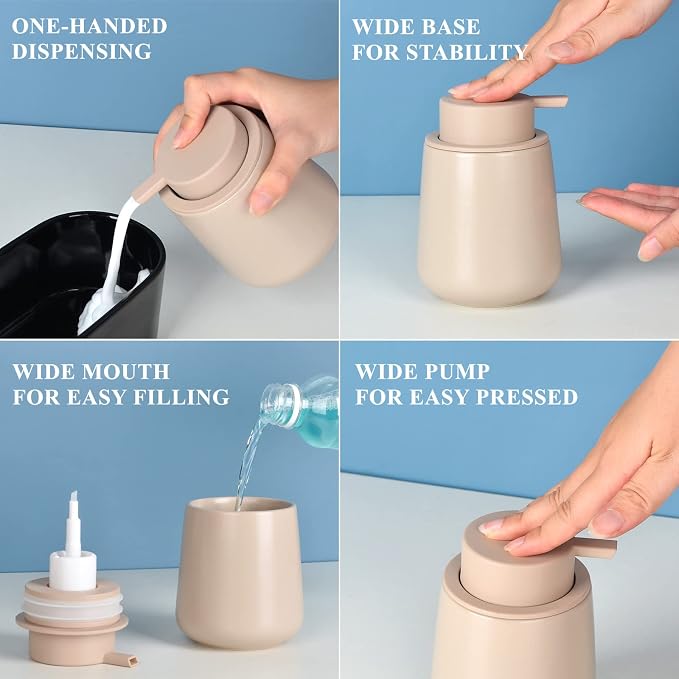 Bosilunlife 12Oz Ceramic Foam Soap Dispenser for Bathroom Kitchen Counter | Premium countertop foam pump creates delicate dense foam, stable desktop placement, Khaki