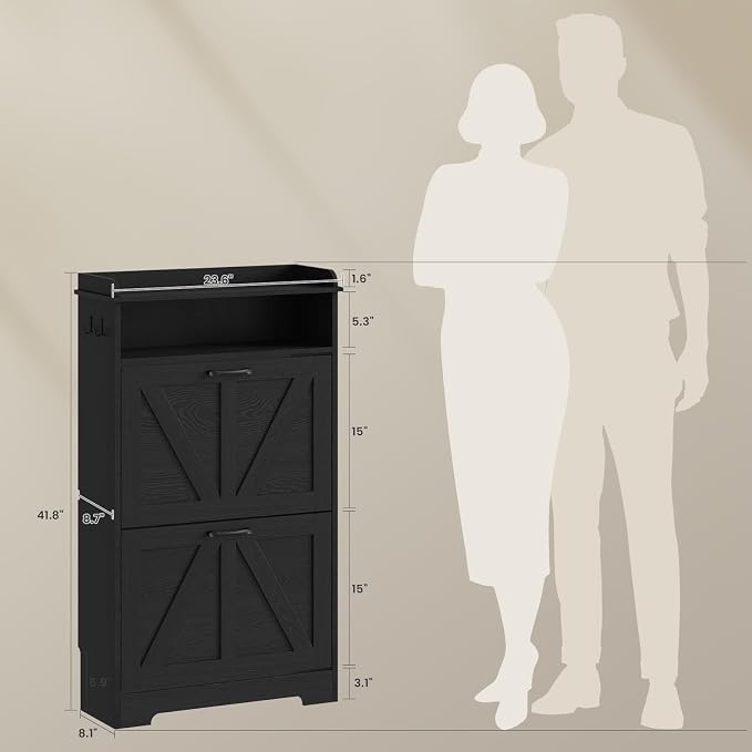 Shoe Cabinet Organizer with 2 Flip Drawers, Farmhouse Narrow Shoe Storage Cabinet with 2 Adjustable Shelves & 2 Hooks, 23.6"W x 8.7"D x 41.8"H Shoe Rack for Entryway, Foyer, Hallway, Black