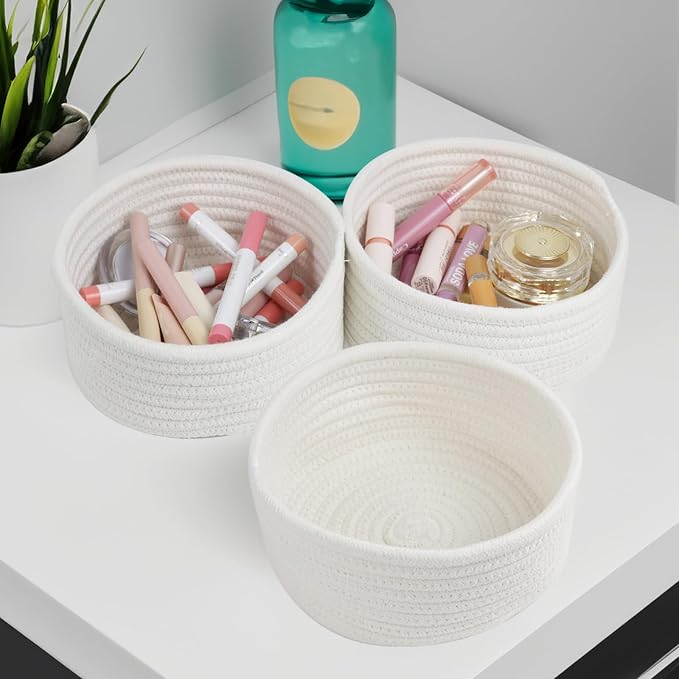 Small Basket, Set of 3 Small Woven Baskets, Cotton Rope Baskets for Organizing, Cute Mini Tiny Baskets for Nursery, Decorative Boho Round Storage Basket Bathroom Organization Bin