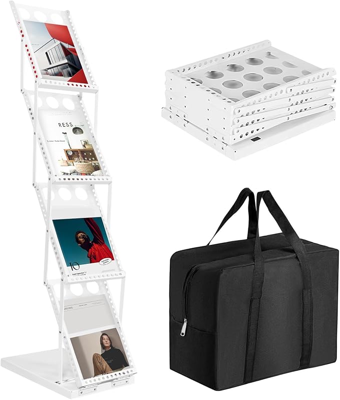 Foldable Brochure Display Stand with Carrying Bag, Literature Stand 4 Tier | Literature Rack for Trade Shows, Exhibitions, Office, and Retail Stores. Sturdy, Portable, and Easy to Assemble, White Finish