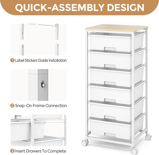 6 Drawer Rolling Storage Cart with Wooden Top and Wheels for Crafts,White | Easy Setup, Large Capacity, Sturdy Build, Lockable Mobility, For office, classroom and art studio supplies