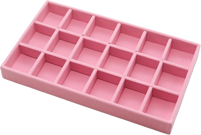 Velvet Jewelry Organizer Trays Pink Stackable Jewelry Storage Display Tray with Removable Dividers, 18 Grids