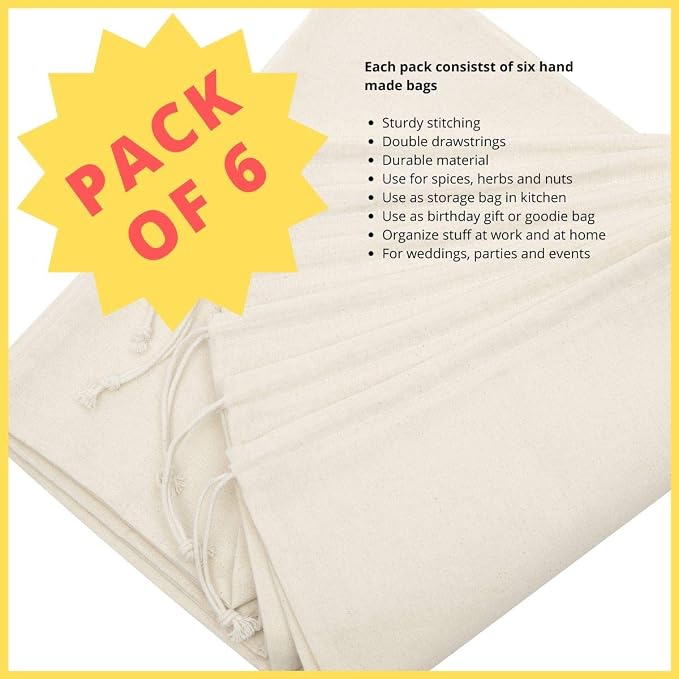 DR 100% Cotton Muslin Drawstring Bags (12x16 Inch - 6-Pack) Large Beige Fabric Cotton Shoe Bag and Storage Pouches for Shoes Storage Pantry Gifts Laundry Travel
