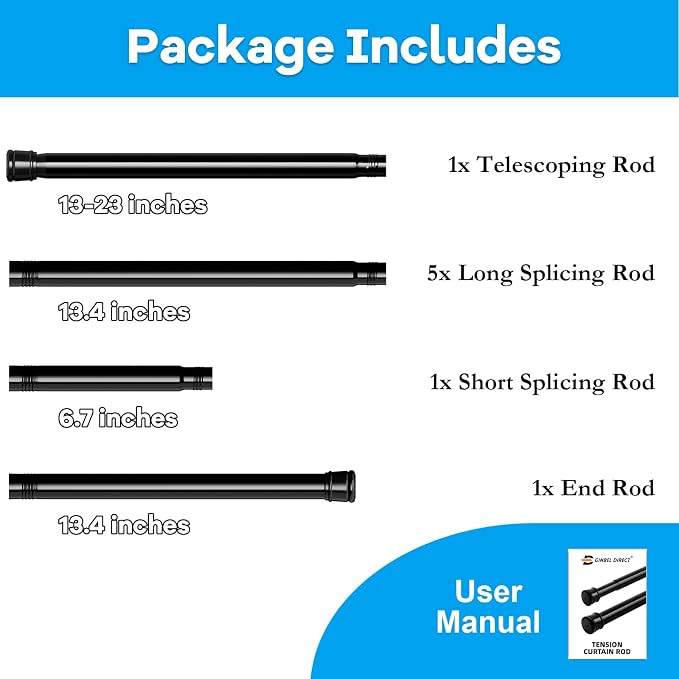 Tension Curtain Rods 27-109 Inch, 1"Diameter | Shower Curtain Rod Spring Long Adjustable for Bathroom Windows Closet No Drilling No Rust, Black