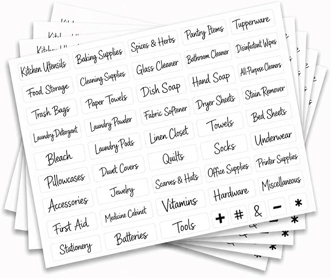 240 Pcs Home Organization Labels, 53 Designs Clear Script Storage ID Stickers Household Container Storage Label for Kitchen Bathroom Laundry Home Storage Organization Supplies