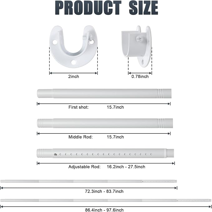 Closet Rods for Hanging Clothes, 16 to 84 Inches Closet Rod, White Closet Hanging Rod, Adjustable Rod for Closet to Hang Clothes Heavy Duty Clothing poles for Closet, Wardrobes, Laundry, RV