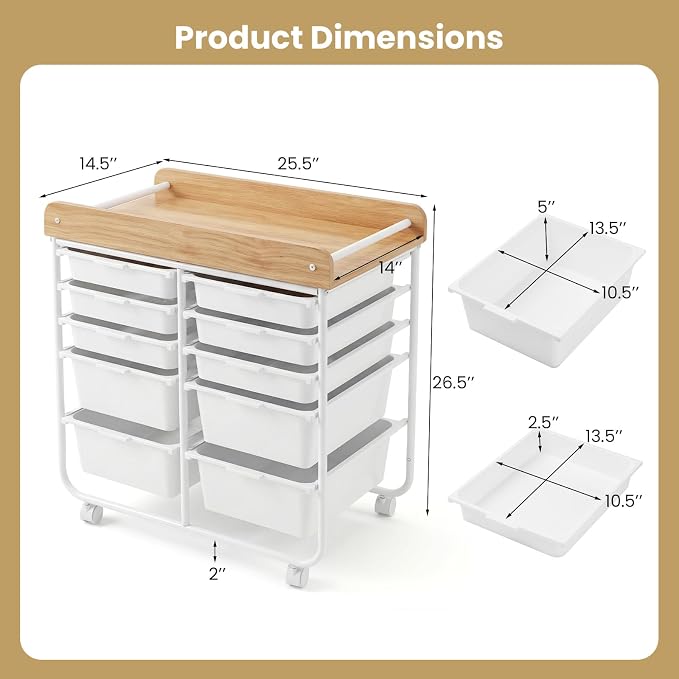 LDAILY Rolling Cart with Drawers, 10 Drawer Rolling Storage Cart with Wooden Tabletop, Metal Frame & Lockable Wheels, Craft Organizers and Storage for Home Office Classroom (White, 10 Drawer)