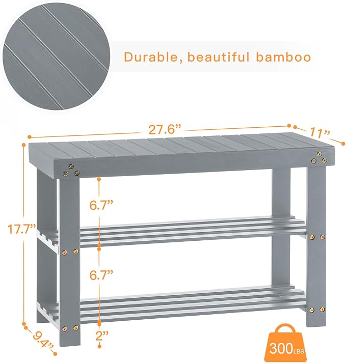 Apicizon Bamboo Shoe Storage Bench for Living Room, Entryway Storage Premium Shoe Organizer or Entryway Bench, Grey
