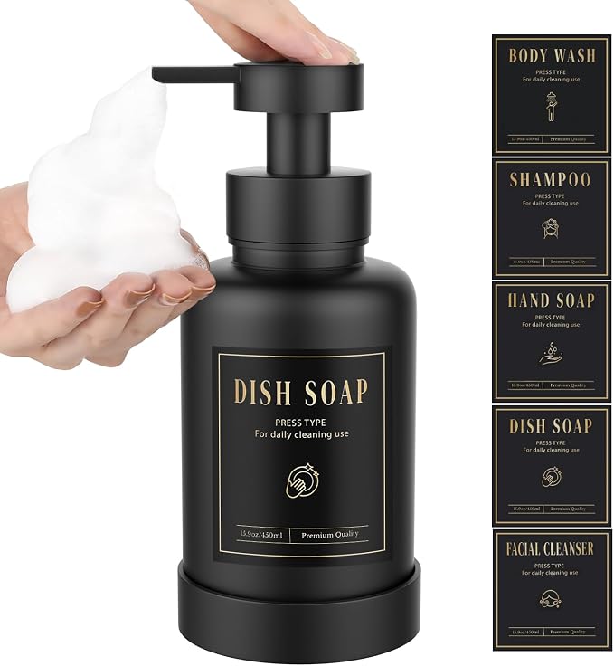 Luxspire Foaming Soap Dispenser, Glass Foam Pump Soap Dispenser, Non-Slip Hand Soap Bottle with 5 Waterproof Labels, 15 Oz Refillable Liquid Soap Bottle for Bathroom & Kitchen, Black, 1 Pack