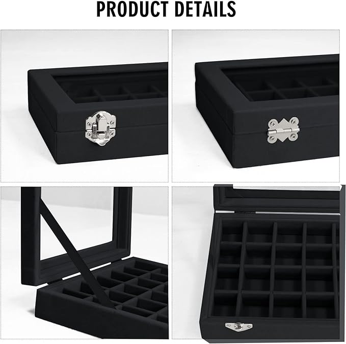 Vicoter Velvet Jewelry Box 24 Grid Jewelry Ring Display Organiser Box Tray Holder Earrings Storage Case for Girls Wife Mom Women (Black)