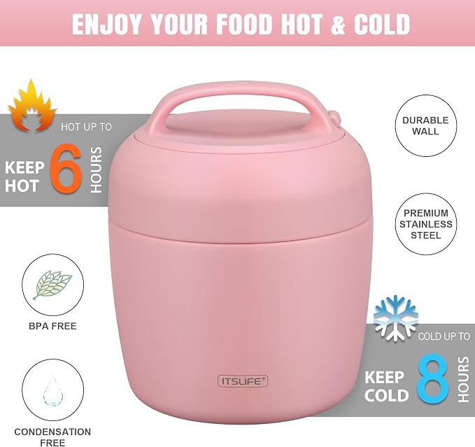 Thermo Food Jar for Hot Food Adults 32OZ Soup Thermo Lunch Containers Wide Mouth Vacuum Insulated Stainless Steel Leakproof Bento Box with Spoon (NEW-PINK)