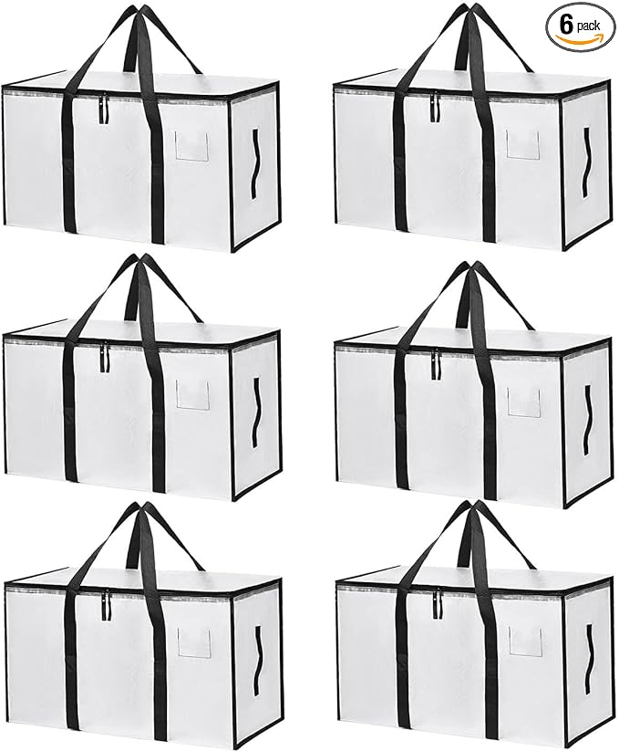 6 Pack Large Moving Bags with Zippers & Carrying Handles, Heavy Duty Storage Tote Moving Boxes ，Space Saving (Clear, 6 Pack)