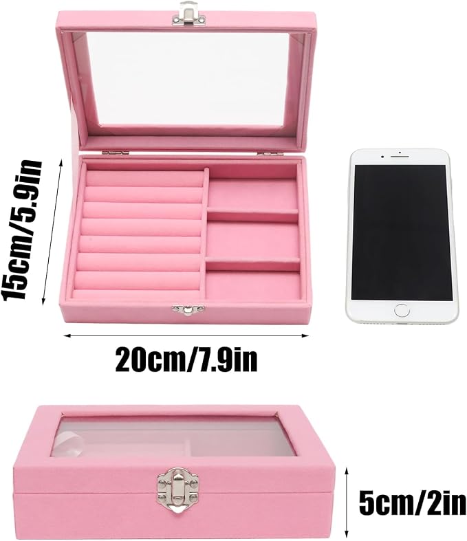 Small Velvet Jewelry Tray with Clear Lid, Lockable Ring Earring Holder Organizer Storage Box Case Jewelry Box Organizer for Rings Earrings Bracelets Brooches, 2-in-1 Pink